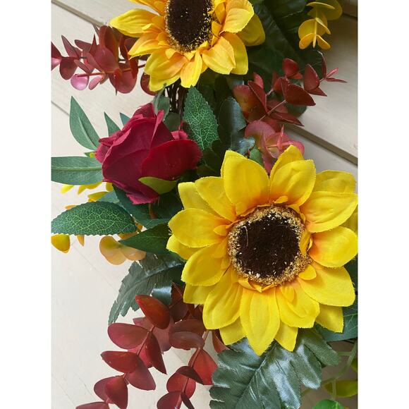 Elegant Burgundy Blush Fall Wreath, Rustic Grapevine with Pumpkin & Roses Decor - Picture 6 of 11